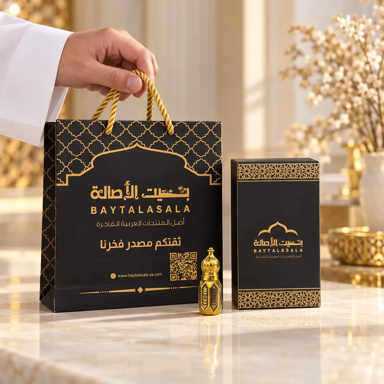 يد بكم أبيض تمسك مقابض حقيبة بيت الأصالة وبجانبها البوكس وعبوة الكحل